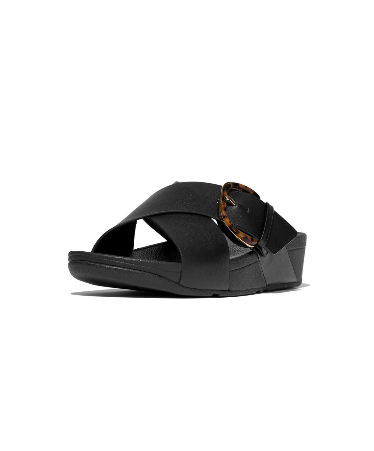 FitFlop Lulu Resin Buckle Leather Cross Slide Black