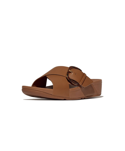 FitFlop Lulu Resin Buckle Leather Cross Slide Deep Tan