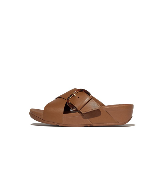 FitFlop Lulu Resin Buckle Leather Cross Slide Deep Tan