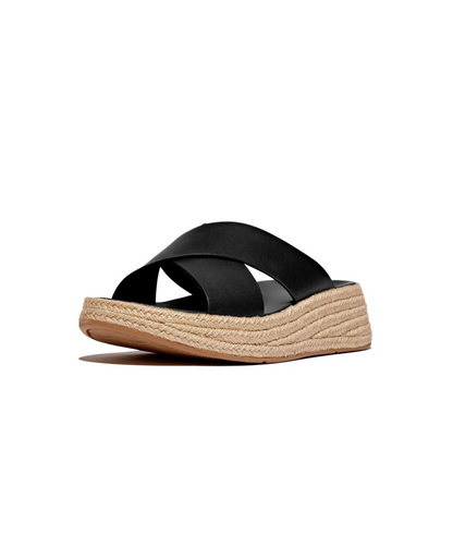 FitFlop F-Mode Espadrille Leather Flatform Cross Slide Black