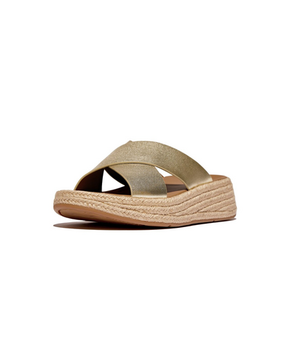 FitFlop F-Mode Espadrille Leather Flatform Cross Slide Platino